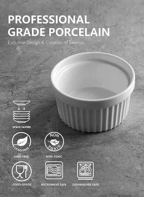 Sweese 501.001 Porcelain Souffle Dishes, Ramekins - 8 Ounce for Souffle, Creme Brulee and Ice Cream - Set of 6, White
