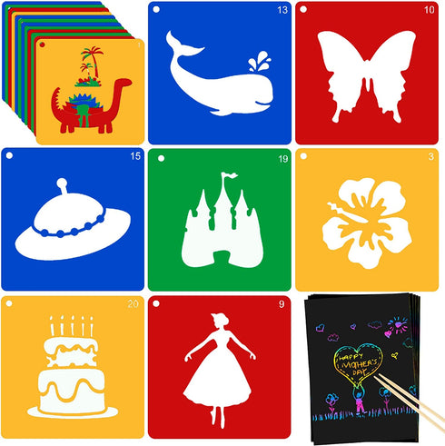Jecarden 20 PCS Stencils for Kids, Sidewalk Chalk Stencils 8 x 8 Inch Colorful Large Stencils with 5 PCS Scratch Paper Washable Craft Fun Chalk Stencils Gift Idea for Boys and Girls to Learn Painting