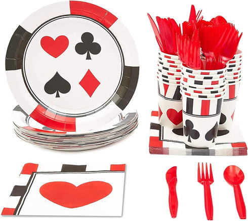 Casino Party Bundle, Includes Plates, Napkins, Cups, and Cutlery (24 Guests,144 Pieces)