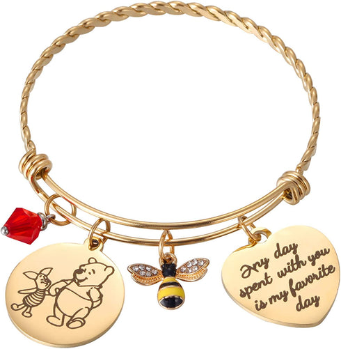 Classic Pooh Bear and Piglet Quote Any Day Spent with You is My Favorite Day Friendship Honey Bee Charm Gold Bangle Bracelet for Women