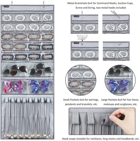 ANZORG Over The Door Hanging Jewelry Organizer Wall Mounted Earring Holder with 24 Clear Pockets and 8 Hook Loops for Necklace Bracelet Ring (24 Pockets and 8 Hook Loops-Grey)