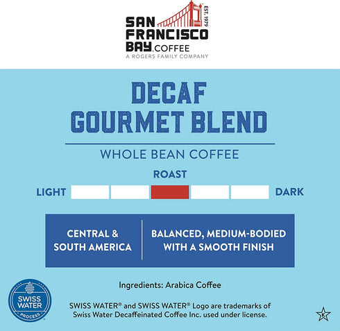 SAN FRANCISCO BAY SF Coffee Whole Bean 2LB Medium Roast Swiss Water Processed Decaffeinated, Decaf Gourmet Blend, 2 Pound (Pack of 1), 32 Ounce, Decaf Gourmet Blend WB