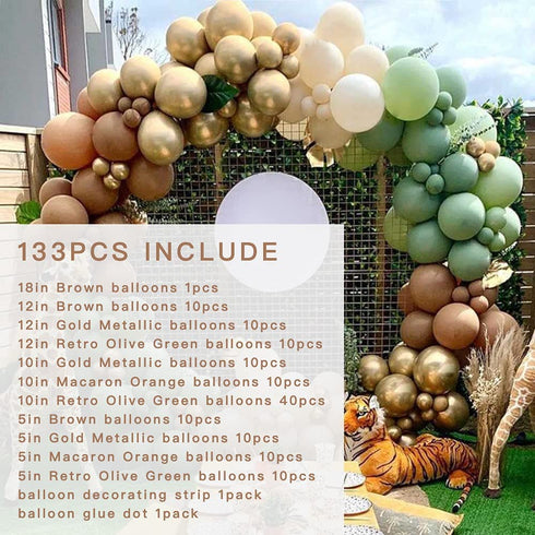 Brown Gold Metallic Balloon Garland Arch kit backdrop 133pcs Macaron Orange Retro Olive Green Balloons Set for Wedding Birthday Balloons Graduation Party babyshower Decorations.