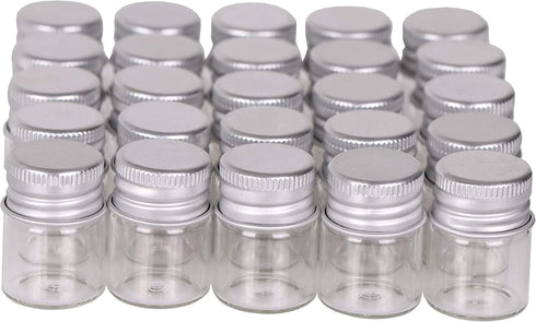 MaxMau 100 Sets Small Glass Bottles with Aluminum Cap Screw Top Lids 5 Milliliter Tiny Vials DIY Art Craft Storage