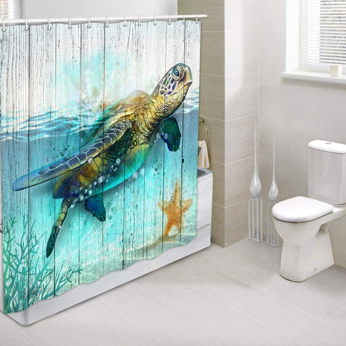 Sea Turtle Shower Curtain for Bathroom, Underwater World Ocean Animal Sea Tortoises Coral and Aquatic Plant on Rustic Wooden Boards Bath Curtains (69'' W by 70'' L)