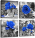 Blue Rose Flower Wall Art Paintings Wall Art Paintings Floral Prints on Black and White Canvas Wall Decoration Framed for Bathroom Bedroom Decor Artwork 4- Panel 14x14 Inch