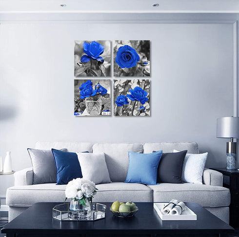 Blue Rose Flower Wall Art Paintings Wall Art Paintings Floral Prints on Black and White Canvas Wall Decoration Framed for Bathroom Bedroom Decor Artwork 4- Panel 14x14 Inch
