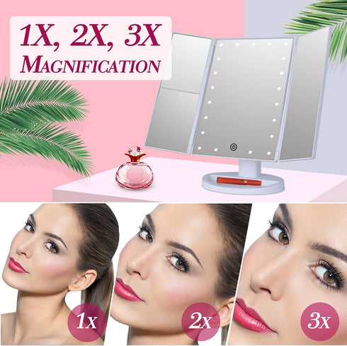 SHNAP Makeup Mirror with Lights, Touch Screen Vanity Mirror, 2X/3X Magnification, Dimmable 21Leds Trifold Mirror, Dual Power Supply, 180° Rotation, Portable Cosmetic Light Up Mirror with Gift Box