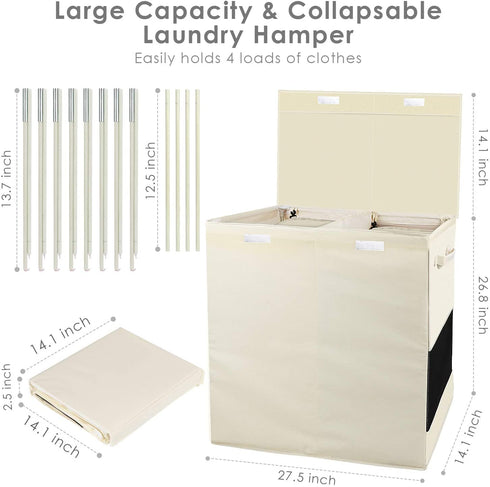 HOUSE AGAIN Double Laundry Hamper with Lid and Removable Laundry Bags, 160L, 2 Section Clothes Hamper with Handles for Bedroom, Bathroom, Laundry Sorting, Large Seperated Clothes Basket (Beige)