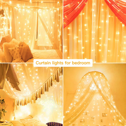 Ollny Curtain Lights LED Curtain Fairy Lights Outdoor, 6.6FT 8 Lighting Modes Window Wall Hanging String Lights Warm White with USB and Remote for Christmas Indoor Bedroom Wedding Party Easter Garden