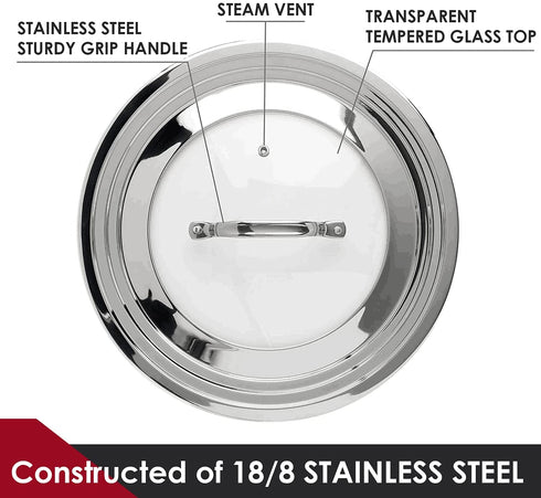 KEISSCO Stainless Steel Universal Lid for Pots, Pans and Skillets - Fits 7" to 12" Pot and Pans - Tempered Glass with Stainless Steel Rim Replacement Frying Pan Cover and Cast Iron Skillet Lid