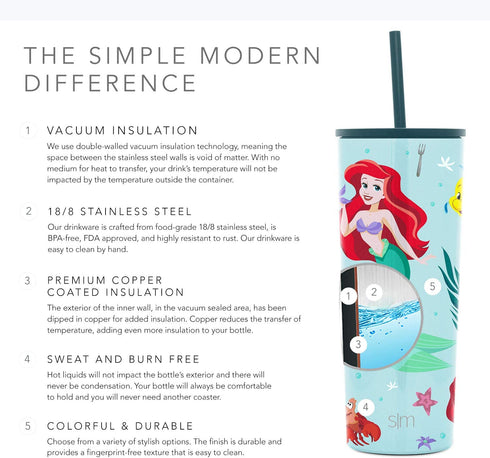 Simple Modern Disney Insulated Tumbler Cup with Flip Lid and Straw Lid | Reusable Stainless Steel Water Bottle Iced Coffee Travel Mug | Classic Collection | 16oz The Little Mermaid Ariel's Treasures