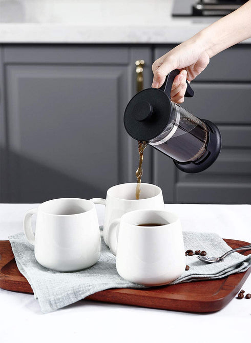 Porcelain Coffee Mugs Set of 4 - 12 Ounce Cups with Handle for Hot or Cold Drinks like Cocoa, Milk, Tea or Water - Smooth Ceramic with Modern Design, White