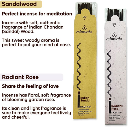 Natural Incense Sticks Variety Pack - (4 Scents, 48 Sticks) Charcoal-Free, Made from Upcycled Flowers | White Sage Incense, Frankincense Incense, Rose Incense & Sandalwood inscents Sticks