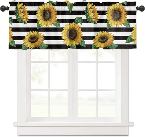 Sunflowers Valance Curtain for Windows, Farmhouse Black Stripes 54x18in Privacy Panel Rod Pocket Window Treatment Set, Summer Rural Sunflower Short Valances for Bathroom Kitchen Bedroom(1Pcs)