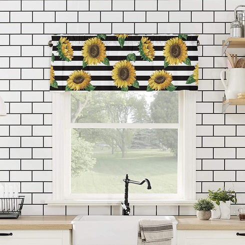 Sunflowers Valance Curtain for Windows, Farmhouse Black Stripes 54x18in Privacy Panel Rod Pocket Window Treatment Set, Summer Rural Sunflower Short Valances for Bathroom Kitchen Bedroom(1Pcs)
