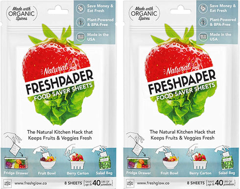 FRESHPAPER Keeps Fruits & Vegetables Fresh for 2-4x Longer, 16 Reusable Food Saver Sheets for Produce (2 Packs), Made in the USA by The FRESHGLOW Co