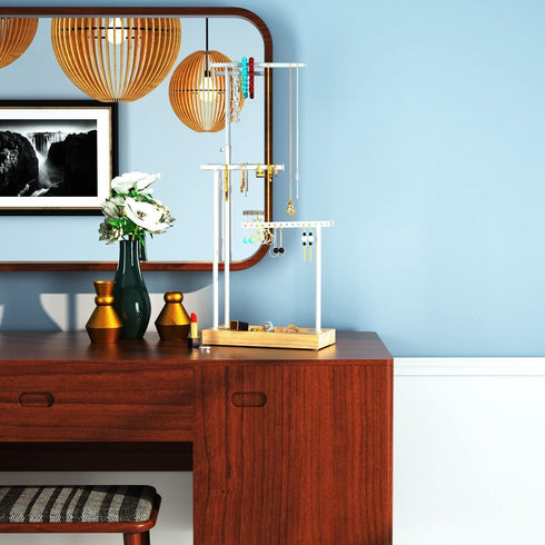 SRIWATANA Jewelry Organizer Display Extra Tall Necklace Holder 3 Tier Jewelry Tree Stand (Natural Color & White)