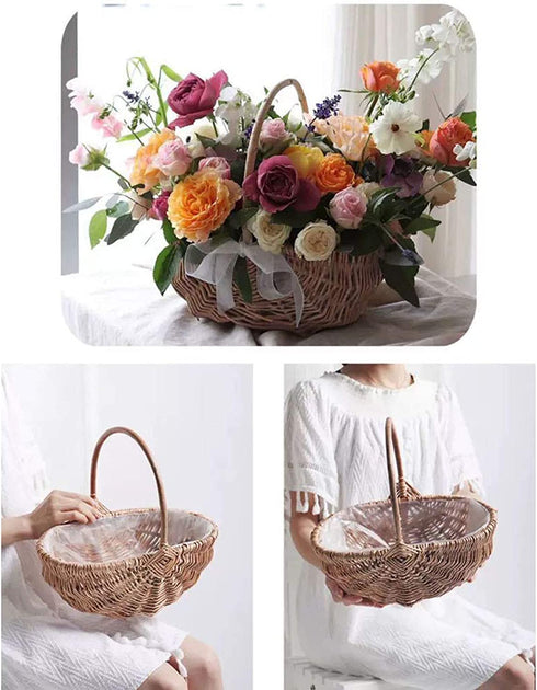 WYI Rattan Flower Basket, Handmade Wicker Planter Basket with Plastic Liner and Handle, Woven Storage Basket for Home Wedding Garden Decoration, Brown L 42T235PY1428JB2
