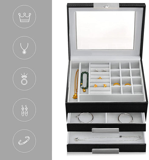 Oyydecor 3-Layer Jewelry Organizer with 2 Drawers Pu Leather Jewelry Box Organizer Display Storage case Necklace Ring Earring Storage Lockable Gift Case Gifts for Women