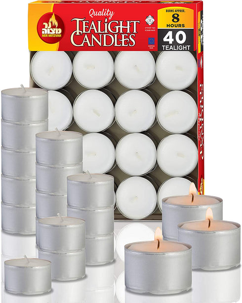 Ner Mitzvah Long Burning Tealight Candles - 8 Hours - White - Unscented - 40 Pack - Made in EU