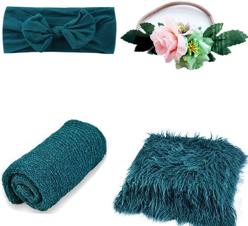 4 Pcs Newborn Photography Props Outfits- Baby Dark Green Long Ripple Wrap and Toddler Swaddle Blankets Photography Mat with Cute Headbands for Infant Boys Girls(0-12 Months)