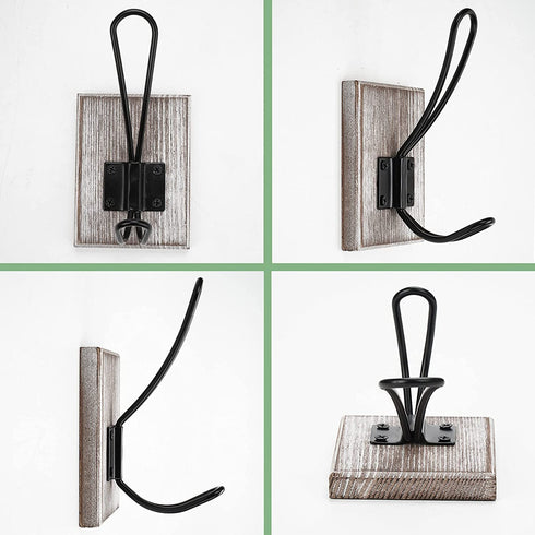 OLBET Farmhouse Towel Hooks for Bathroom Wall Mounted - Rustic Wall Hooks for Hanging Coats - 2 Pack - Retro Iron Wood Hooks - Classical Heavy Duty Hangers for Your House - Weathered White