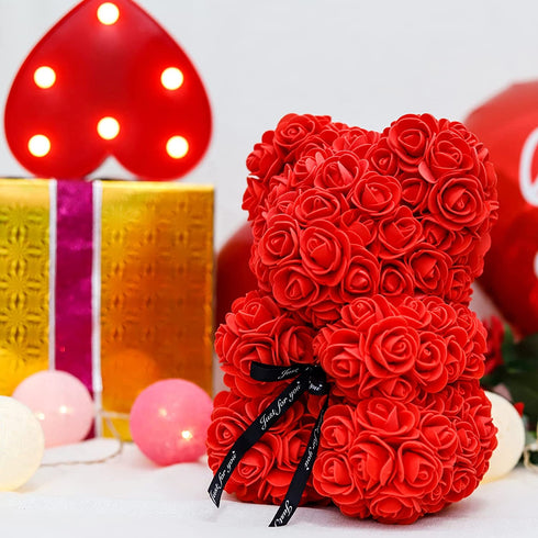 Rose Teddy Bear- Mothers Day Bear Gifts- Rose Bear Artificial Handmade, Gift for mom Rose Flower, Mothers Day Rose Gifts, Valentine's Day Gifts for Girlfriend- 10 inch Clear Gift Box