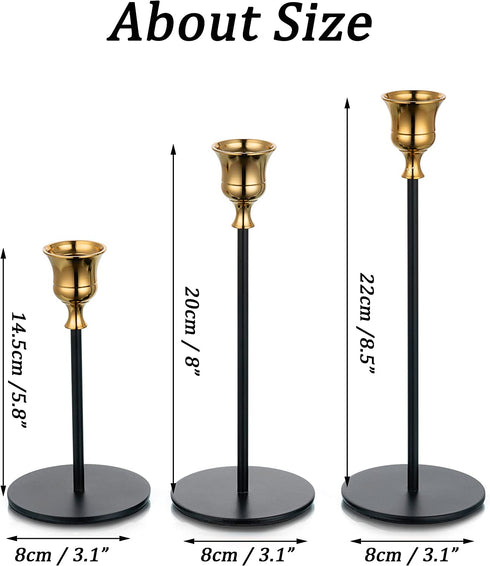 Romadedi Candlestick Holders for Taper Candle - Set of 3 Gold and Black Decorative Candle Stick Holder for Home Mantel Dinning Table Christmas Wedding Centerpiece Decorations, 5.8/8/8.8™™ Tall