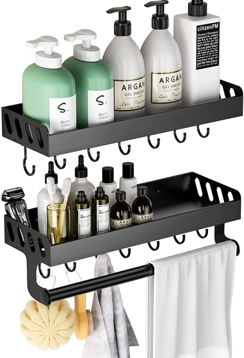 Shengsite Shower Caddy Shelf, Wall Mounted Shower Organizer with Towel Bar and Hooks, Drill Free Aluminum Alloy Caddy Rack for Bathroom, Kitchen, Bedroom, Over Toilet - Set of 2