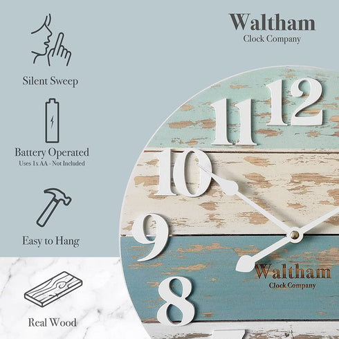 Waltham Real Wood Wall Clock, 10.8 inch, Battery Operated, Coastal Blue/White Finish - Made from Real Wood not Particle Board or MDF- 100% Real Wood!