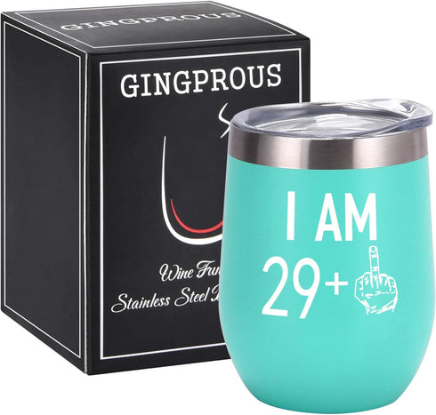 29 Plus One Middle Finger Wine Tumbler 30th Birthday Gifts for Women, Turning 30 Funny Tumbler Gifts Idea for Friends Her Wife Mom Coworkers, 12 Oz Insulated Tumbler Glasses, Mint