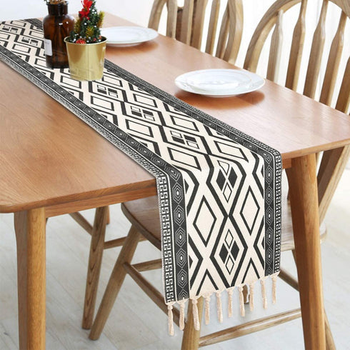 Boho Table Runners with Tassels Rustic Bohemian Woven Table Runner for Summer, Spring Holiday, Catering Events, Dinner Parties, Wedding, Indoor and Outdoor Parties, 14" x 70" (Black White, 14" x 108")