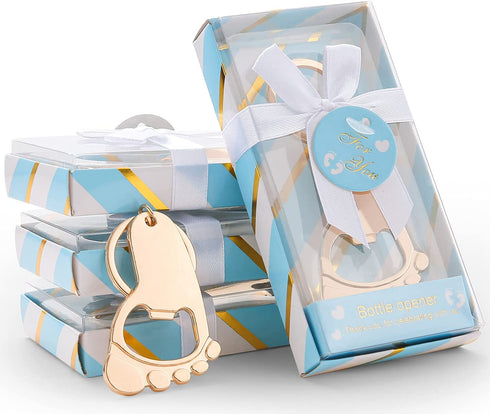 12 Pack Footprint Keychain Bottle Opener Baby Shower Favors for Guests,Boy Baby Shower Souvenirs Bottle Opener,Boy or Girl Baby Shower Decoration Supplies (Gold Blue, 12)