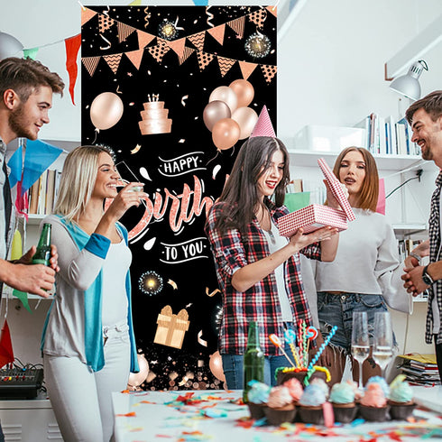 Rose Gold Happy Birthday Door Banner,Birthday Door Cover Decoration Supplies Happy Birthday Backdrop Photography Black Background Sign For Women And Girls Birthday Party Home Outdoor Decor