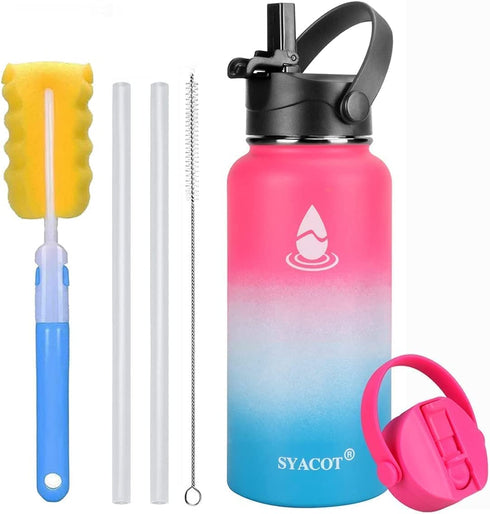 SYACOT 32 oz Stainless Steel Water Bottle, Insulated Double Wall Vacuum Leak Proof Water Flask, Metal Thermo Canteen Mug ”Wide Mouth with 2 Straw Lids (32oz, Pink/White/Blue)