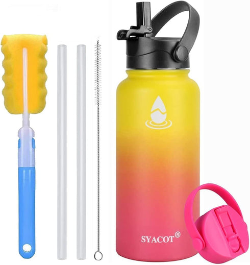 SYACOT 32 oz Stainless Steel Water Bottle, Insulated Double Wall Vacuum Leak Proof Water Flask, Metal Thermo Canteen Mug ”Wide Mouth with 2 Straw Lids (32oz, Gradient Yellow)