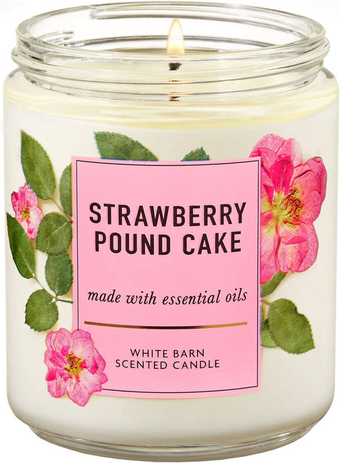 Bath and Body Works White Barn Strawberry Pound Cake Single Wick Candle 7 Ounce Floral Label