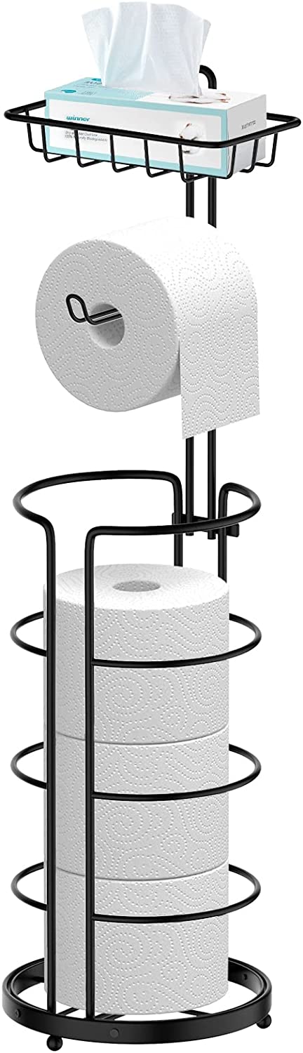 Bextsrack Toilet Paper Holder Stand, Free Standing Bathroom Toilet Tissue Roll Holder and Dispenser with Storage Shelf, Black