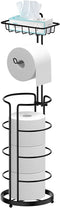 Bextsrack Toilet Paper Holder Stand, Free Standing Bathroom Toilet Tissue Roll Holder and Dispenser with Storage Shelf, Black
