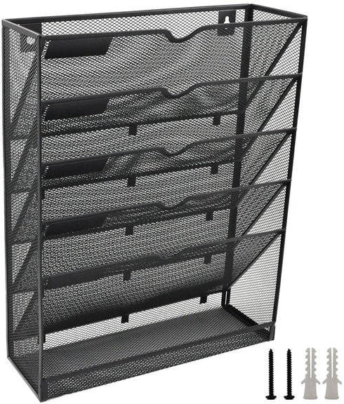 EASEPRES Mesh Wall File Organizer 5 Tier Vertical Mount Hanging Holder Magazine Rack with Bottom Flat Tray, Black