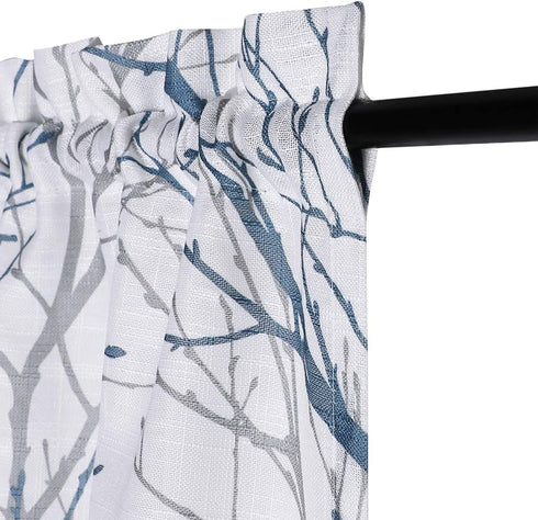 FMFUNCTEX Blue Kitchen Valance Curtain for Living Room Grey Branch Print on Linen Texture Look Window Valance for Bedroom 50" W x 18" L, 1 Panel, Rod Pocket