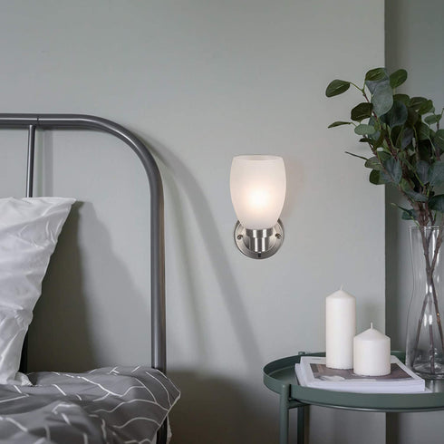 Design House 588814-SN Lydia Transitional 1-Light Indoor Wall Light Dimmable with a White Frosted Glass Shade and Twist On/Off Switch for Hallway Foyer Bathroom, Satin Nickel