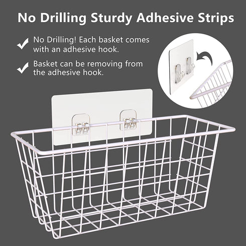MaraFansie Wall Wire Baskets Bin No Drilling Adhesive Hanging Baskets Wall Mounted for Cabinet & Pantry Organization and Kitchen, Bathroom, Bedroom Storage, 2 Pack, White