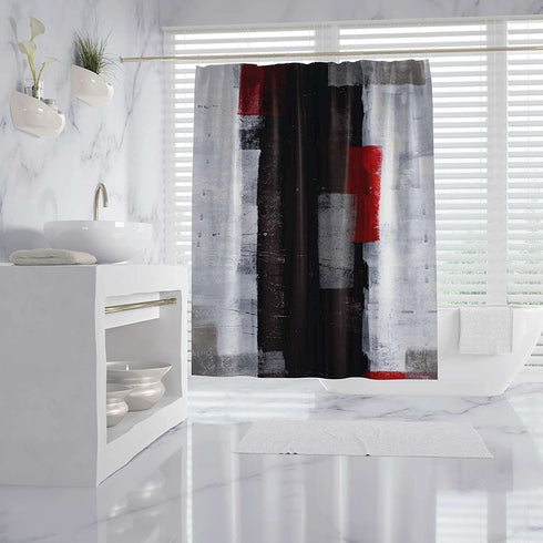 Emvency Fabric Shower Curtain Curtains with Hooks Black Modern Red and Grey Abstract Painting White Wall Acrylic Contemporary Gallery Lines Squares Interior 66"X72" Waterproof Decorative Bathroom