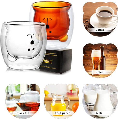 Aibiubiu Cute Bear Tea Cup Double Wall Insulated Glasses Tea Cup Bear Beer Mugs Coffee Mug Couple Glass Mugs Birthday Gifts Interesting Gifts(2Pcs Brown Bear)