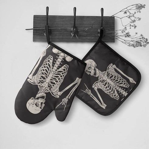 Halloween 3D Skeleton Kitchen Oven Mitts and Pot Holders Sets of 2,Resistant Hot Pads ,Flexible Cooking Oven Gloves for Microwave BBQ Cooking Baking Grilling
