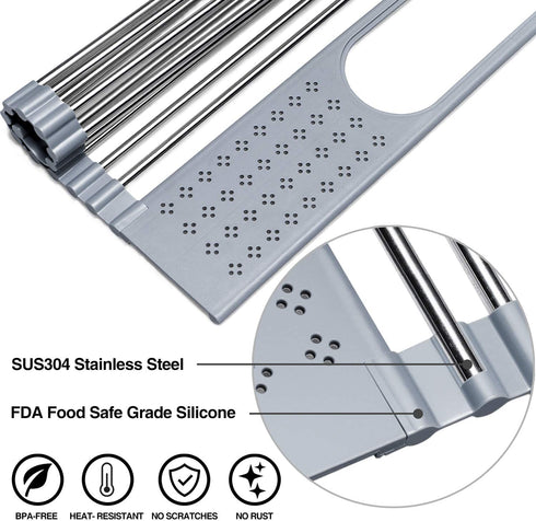 Koroda Roll Up Dish Drying Rack Over The Sink: 20'' x 11'' Large Dish Drying Rack with Utensil Holder Foldable Stainless Steel Dish Drainer for Kitchen Sink (Gray)