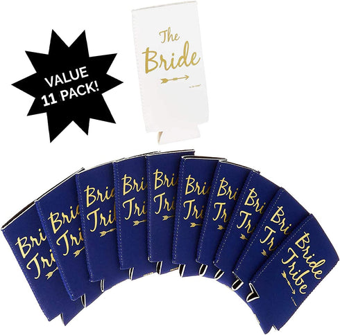 Bride Tribe Bachelorette Party Skinny Can Sleeves - Insulated Neoprene Drink Holders, Fit Slim Spiked Hard Seltzer Beer Cans Bridal Shower Decorations, Supplies, Favors (Navy Blue)