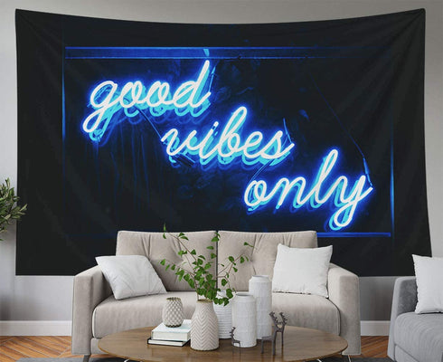 Musesh Blue Neon Tapestry Good Vibes Only Words Glow in The Dark Tapestry for Bedroom Dorm Living Room 80X60 Inch